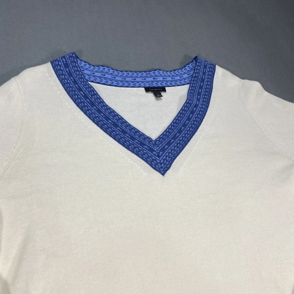 Talbots Rib Knit Sweater Large Ivory Contrast Blue Trim Pullover Layer Ready